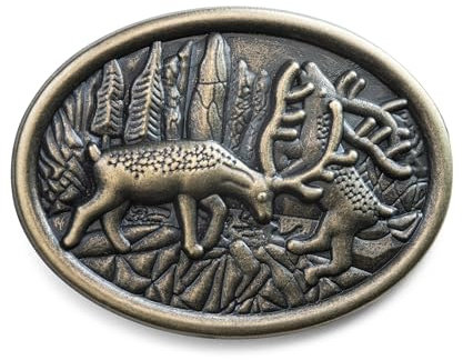 Schöneberger Trachten Couture Gürtelschnalle Hirsch & Wappen, Wechselschließe für 40mm Gürtel - Lederhosen Trachtenschnalle Bayern für Trachtengürtel (Hirschbrunft/Messing-Antik)