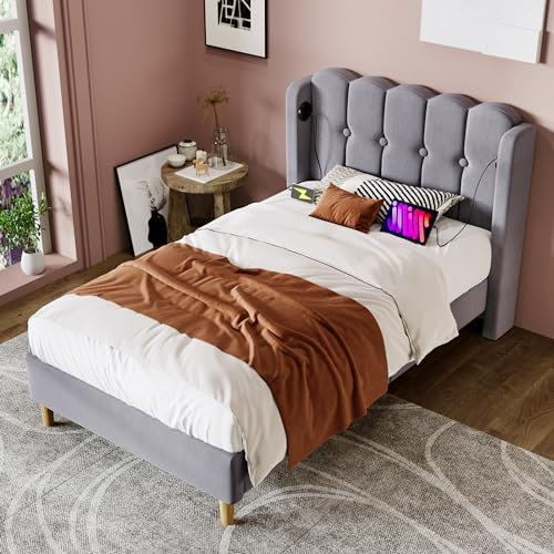 HESHU Polsterbett Einzelbett 90x200 cm, Kopfteil mit USB Typ C, Bettgestell mit Lattenrost, Jugendbett Erwachsenenbett, Leinen, Grau, ohne Matratze