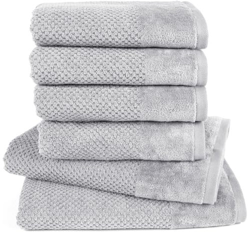 Pure Label 6-TLG. Handtücher Set mit Aufhängeschlaufen aus 100% Baumwolle, saugstark, weich und Oeko-TEX Zertifiziert - 2X Badetuch (70x140 cm) 4X Handtuch (50x100cm), Hellgrau
