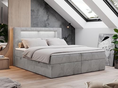 MKS MEBLE Boxspringbett 140x200 mit Led Grau Samt, Polsterbett Bett mit Topper T25 und Kopfteil, Multipocket Matratze H4, Doppelbett mit Bettkasten Stauraumbett - Gold-5 - Hellgrau Velvet