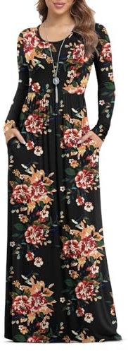 Anelune Dresses for Women Long Sleeve Loose Plain Plus Size Maxi Dresses Casual Long Floral Dresses with Pockets Red Brown Flower X-Large