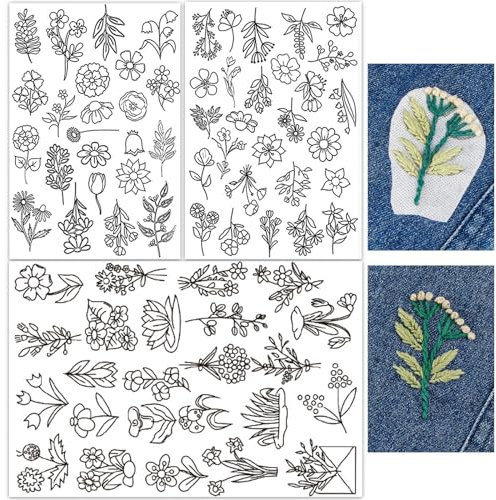 Stickvorlagen Wasserlöslich, 3 Blatt 74 Stück Stickvlies Selbstklebend Sticken Vorlagen Pflanzen Blumen Stickmuster DIY Stickpapier zum Handnähliebhaber Stickerei Handnähen