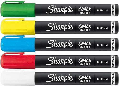 5 x Sharpie Chalk Marker Pens | Medium Point Bullet Tip Nib | For Black Boards, White Boards, Light Boards, Plastic, Metal, Glass & More | Assorted Colour Ink - Loose in Plain Packaging
