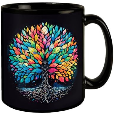 Lebensbaum Tasse in Schwarz farbenfroh vielfältig - buntes Design mit Natur-Motiv das Wachstum symbolisiert