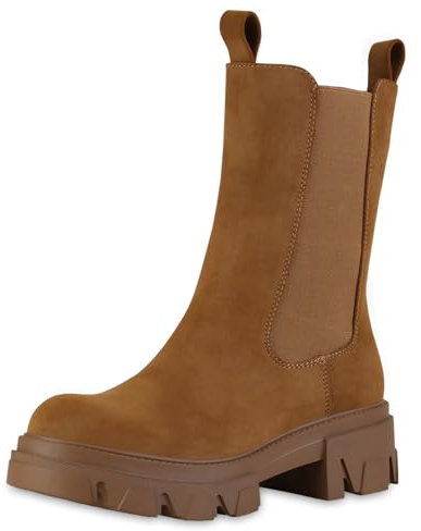 VAN HILL Damen Plateau Boots Blockabsatz Profilsohle Trendy Schuhe 216061 Hellbraun 38