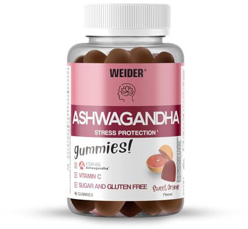 Weider Ashwagandha Gummies (40 gominolas) Sabor Naranja Dulce, con Extracto de Raíz Ashwaganda KSM-66 y Vitamina C, Ayuda a reducir el estrés e inducir el sueño, Sin Azúcar, Sin Gluten, 20 Porciones