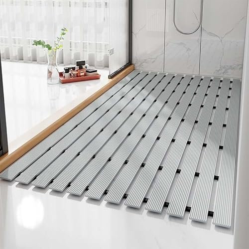 GAOCUNBING Duschabtropfmatte, rutschfeste Badewannen-Abflussmatte, beliebig zuschneidbares Lattenrost-Design, aufrollbare, schnell ablaufende Duschmatte für die Dusche Grey,61x90cm