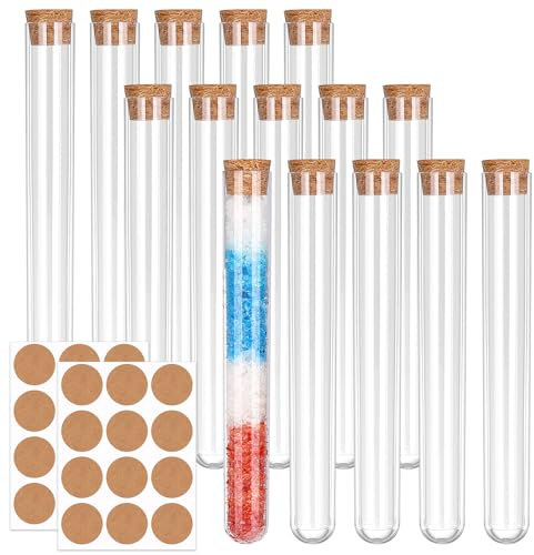 Tatxmalv 15 Pièces Tube à Essai, Tubes à Essai Transparents, Tube à Essai Plastique avec Bouchon Liège, avec Étiquettes Papier Kraft, pour Fleurs, Table de Laboratoire (16 * 150mm)