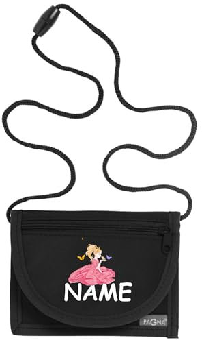 Kiwistar - Brustbeutel schwarz - Prinzessin mit Frosch - 13 x 10 cm Geldbeutel zum umhängen - Geldbörse für Jungen & Mädchen mit Namen individuell personalisiert