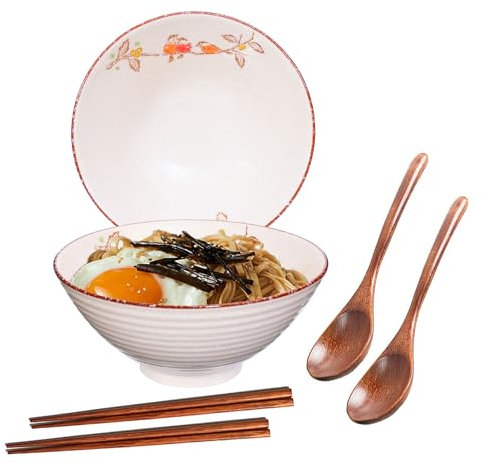 Ceraozmus 2 x 40 OZ Ceramic Ramen Bowls, 8 in Large Japanese Noodle Soup Bowl, Match Chopsticks and Spoons, Suitable for Pho, Udon Asian Noodles (Flowers and Birds 2 Set)