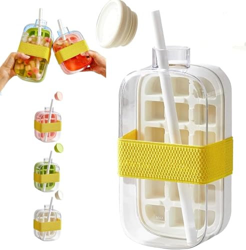 Botella para hacer hielo, molde flexible de silicona para hielo, bandeja para cubitos de hielo 2 en 1 sin contacto, botella de agua con tapa y cubo para café, jugos y bebidas.