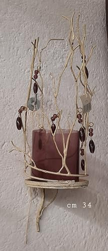 Wand-Kerzenhalter aus Schmiedeeisen cremeweiß, Glas altrosa, Dekoration mit Zweigen und Perlen, 34 cm