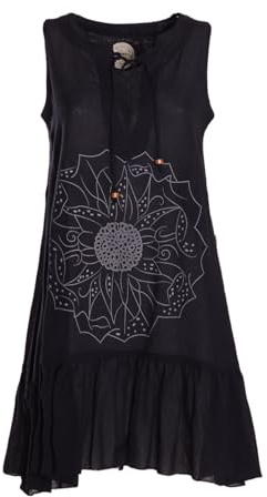 Vishes Alternative Bekleidung - Damen mittellanges Kleid Baumwolle Blumen-Muster Hängerkleid mit Schnürung und Holzperlen schwarz 34