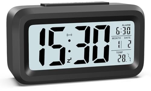HOMVILLA Wecker Digital Batteriebetrieben mit Temperaturanzeige Große LCD Display, Schlummerfunktion, Datum, Nachtmodus, Hintergrundbeleuchtung Wecker Laut für Tiefschläfer Schwarz