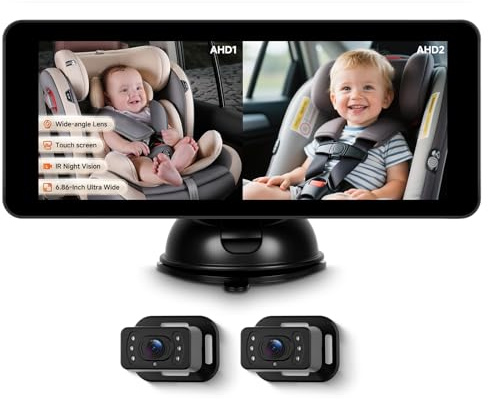 Rimoody 17,8 cm (6,86 Zoll) Baby-Autokamera für 2 Kinder, HD, Bual Rückseite für Baby