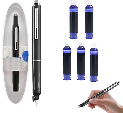 ARROMI 7PCS Retractable Fountain Pen UK, Retractable Fountain Pen, Fountain Pen Set, 1 Pen with 5 Ink Cartridges and Storage Case, Smooth Writing for School, Office, Black, 5.5In Length