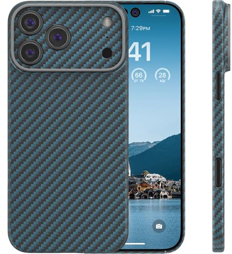 memumi Carbon Hülle für iPhone 17 Pro Max, 0,5 mm Superdünne, Hülle aus echter Aramidfaser [1500D Aramidfaser] mit Fallschutz in Militärqualität für iPhone 17 Pro Max -Blau
