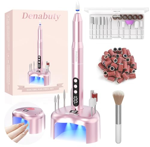 Denabuty Cordless Electric Nail Drill File with UV LED Nail Lamp 35000RPM | Professional Nail Drill Machine Charging Base 2 in 1, Manicure Pedicure Kit E File for Acrylic Gel Dip Powder Polish Pink