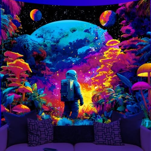 WEBEEDY Astronaut Planet Blacklight Tapestry Trippy Mushroom Tapestry Wandbehang UV Reaktives Schwarzlicht Poster Wanddekoration Für Zimmer Party Dekor 150x130cm