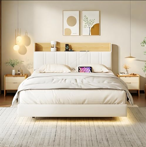Dormely Lit 160x200 avec Sommier Flottant, Cadre lit avec LED et 2 Prises CA & USBs, Tete lit Rembourrée escamotable et Espace Rangement, pour Adultes et Adolescents, Blanc PU sans Matelas