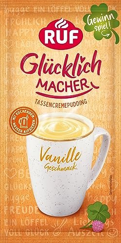RUF Glücklichmacher Tassenpudding Vanille-Geschmack, Cremepudding für schnelle Desserts, Tassencremepudding, nur Wasser hinzufügen, 1 x 59g Beutel (Packung mit 10)