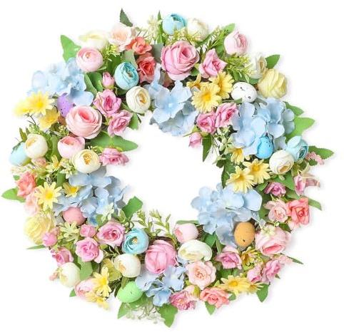 Easter Wreath for Front Door, 45cm Spring Floral Decoration with Pastel Eggs, Artificial Pink Pom-pom Flowers, Cream Daisies, Yellow Accents, Indoor Outdoor Wall Window Garland (C)