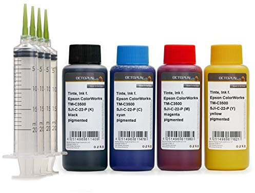 Octopus 4X 100ml Druckertinte kompatibel für Etikettendrucker Epson ColorWorks TM-C3500, Nachfülltinte für SJI-C-22-P Druckerpatronen CMYK, kein OEM