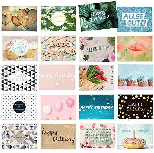 Kipitan 20x moderne Glückwunschkarten im Set, DIN A6 - Wünschen Sie alles Gute zum Geburtstag im modernen Design mit dem Geburtstagskarten-Set für Frauen & Männer