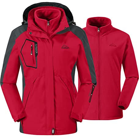 donhobo Damen Outdoor 3-in-1 Skijacke, Zweiteilige Winterjacke mit Fleecejacke, Winddicht Wasserdicht Freizeitjacke Warm Mantel Jacke mit Kapuze Rot M