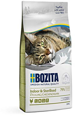 Bozita Indoor & Sterilised Katzentrockenfutter mit Huhn – 10 kg – weizenhaltiges Katzenfutter für sterilisierte Wohnungskatzen – 32 % Protein, 14 % Fett – gentechnikfrei, Alleinfuttermittel