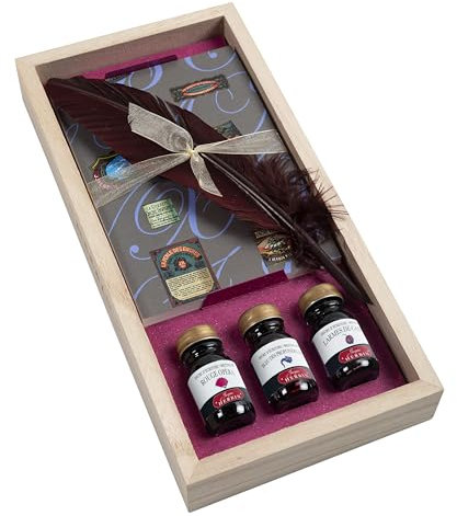 Jacques Herbin 27804T - Un coffret bois ''Essais au porte-plume'' comprenant un porte-plume doré, une plume Cito fein, un bloc uni 50 feuilles A6 et 3 flacons d'encre 10 ml couleurs assorties