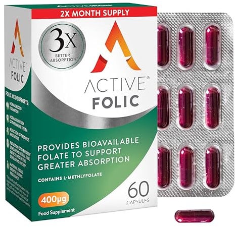 Active Folic Acid Supplement for Pregnancy 400 mcg, Fights Tiredness & Fatigue, Vegan, Containing L-Methylfolate, Easy to Swallow, 60 Capsules, 2 Month Supply
