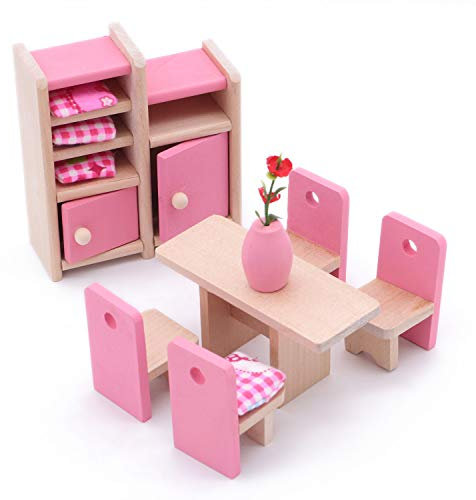 POFET Children Wooden Dining Room Dollhouse Miniature Furnitures Dining Table Chairs Cabinet Toy Set Doll Family Pretend Play Accessories