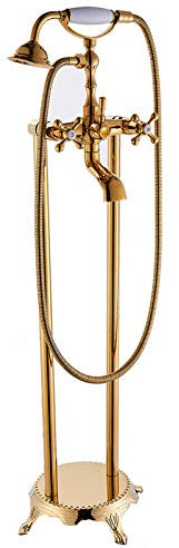 Robinet de baignoire monté au sol or, mitigeur à deux poignées avec douche à main, robinet de remplissage en laiton sur pied, ensemble de douche pour salle de bain