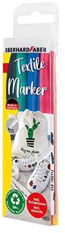 Eberhard Faber 578204 - Textilmarker mit Schablonen, 4 Textilstifte waschmaschinenfest