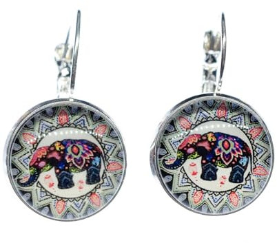 Miniblings Cabochon Elefanten Ohrringe - Handmade Modeschmuck I Elefant Muster Boho Ethno indisch farbenfroh bunt - Ohrhänger Ohrschmuck versilbert