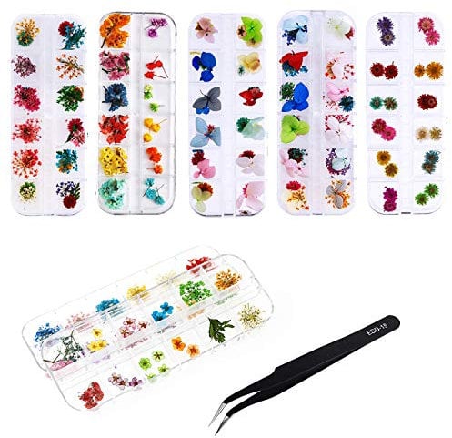 Uposao 6 Box Nail Dried Flower with Tweezers, 72 Pieces Real Dried Flowers Pressed Flower Petals Nail Art Stickers Nail Art Stickers for Nail Decoration Manicure DIY Design