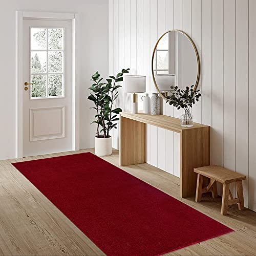 Fashion4Home Teppich Wohnzimmer – Einfarbig, Uni Teppich fürs Kinderzimmer, Schlafzimmer, Arbeitszimmer, Büro, Flur und Küche - Kurzflor, Rot, Größe: 80x250 cm