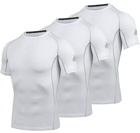 AMZSPORT Herren Kompressionsshirt Kurzarm Funktionsshirts Cool Dry Training Running Top, 3Weiß-S