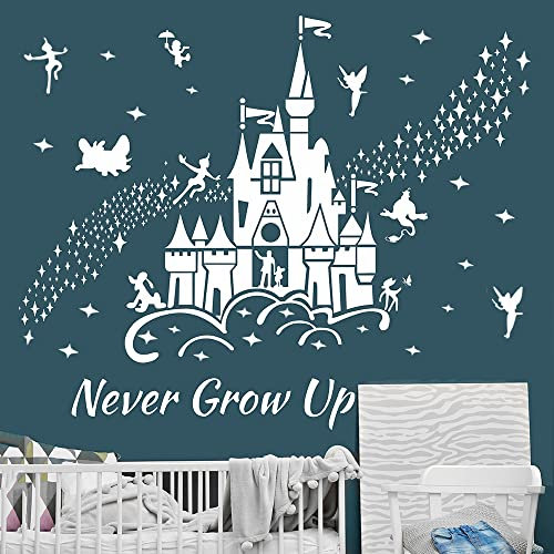 Supzone Peter Pan Wall Stickers Fairy Tale Castle Wall Decal Never Grow Up Quotes Stars Wall Decor DIY Mural Art for Baby Nursery Room Kids Bedroom Playroom-White