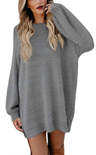 Viottiset Damen Pelziger Rundhalsausschnitt Übergroßer Lockerer Lange Ärmel Pullover Minikleid Gestrickter Grau L