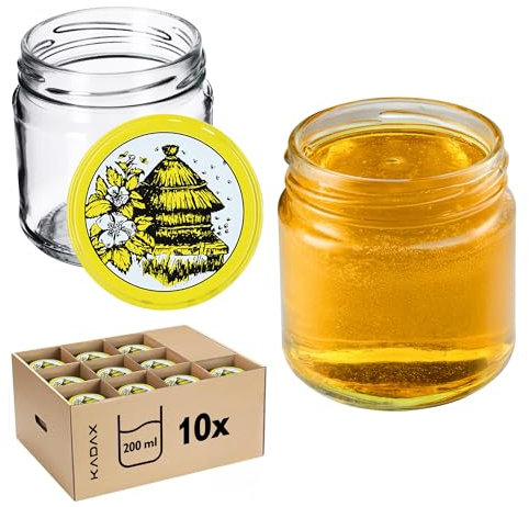 KADAX Petits pots de conserve 200 ml - Mini bocaux à confiture fi66 mm - Pour miel et épices - Bocaux en verre hermétiques - Verres ronds (10 pics d'abeilles)