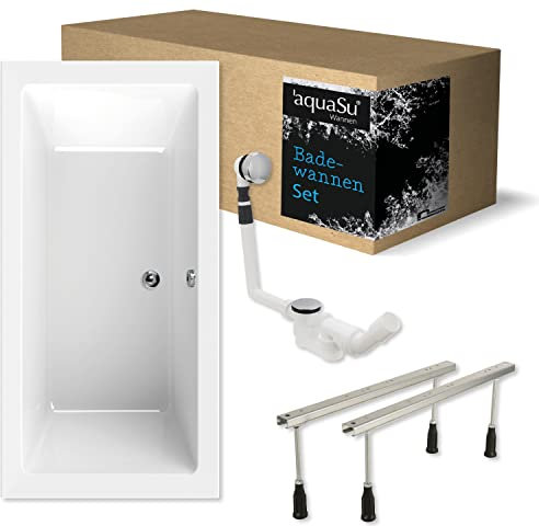 'aquaSu® Komplettset Acryl-Badewanne 190 x 90 cm liDano | Rechteckbadewanne | höhenverstellbare Wannenfüße | Excenter-Ablaufgarnitur | Duowanne | Badewannen-Set komplett | Weiß | 83233 5