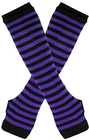 B-HOT Warme fingerlose Handschuhe, dehnbar, gestrickt, Daumenloch, Sonnenschutz, lange Arme, gestreift, violett / schwarz, One size