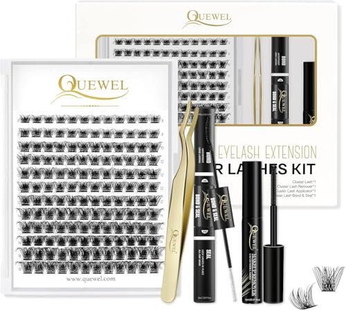 Individual-Lashes 144 Cluster-Lashes QUEWEL DIY Eyelash-Extensions-Kit, Clusters Eyelash Applicator, Cluster Lashes Bond and Seal Super Hold, Clusters Lash Glue Remover Easy to Remove(QU-RR-DH-01)