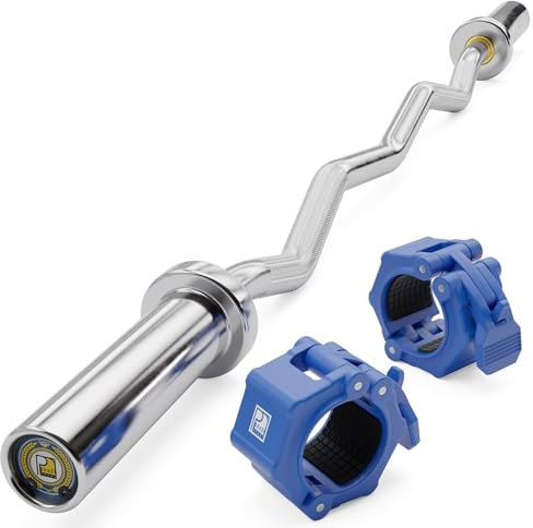 POUDI SPORT 1 Curlstange/SZ Stange Olympische aus verchromtem Stahl 120cm – 10kg | Max. Belastung : 182kg | Ø : 50mm | 2 Blaue Hantelverschlüsse