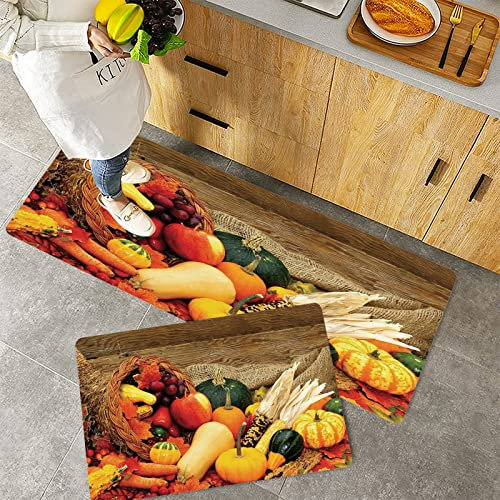 Küchenteppich Teppich Läufer Küchenläufer 2 Stück rutschfest,Ernte, Thanksgiving Verwandte Lebensmittel auf Holztisch verstreut Gemüse Obst Dekorativ, , Waschbar für Flur Küche 40 x 100 cm+40 x 60 cm