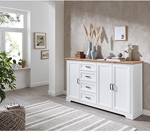 Lomadox Sideboard Landhausstil weiß 180cm Beistellschrank Anrichte in Pinie weiß Nb. mit Artisan Eiche Nb., B/H/T ca. 182/102/41 cm