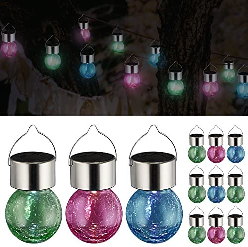 LED Solarleuchte Crackle 12er Set│ 6x13cm Glas Edelstahl Plastik │Kugeln pink hellgrün blau (1 x 12er Set Solarleuchte bunt)