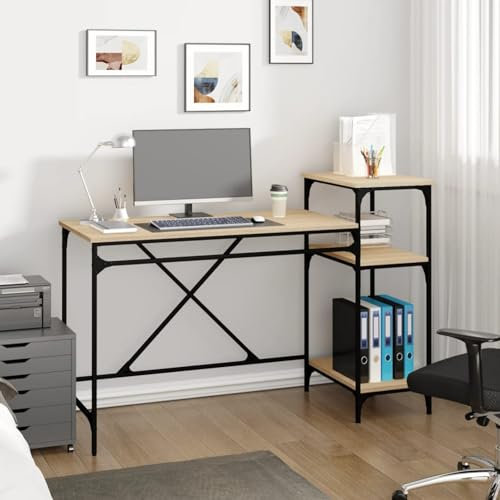 CIADAZ Schreibtisch mit Regal Sonoma-Eiche 135x50x90 cm Holzwerkstoff, Pc Tisch, Gaming Desk, Computertisch, Work Table, Besprechungstisch, Leetdesk, Zeichentisch